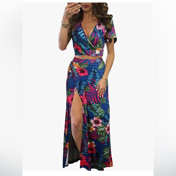 dark floral high slit Tropical 2 Piece Maxi Set - Picture 1 of 3